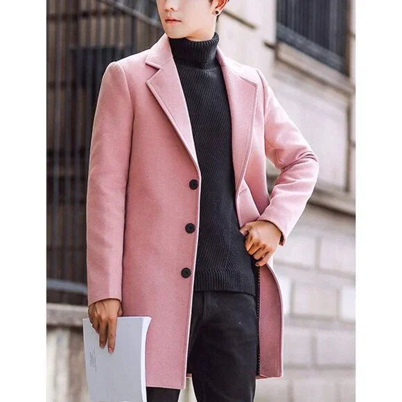 ✨Men Pink Wool Blend Pea Coat Notched Collar Single Overcoat Warm Trench Coat